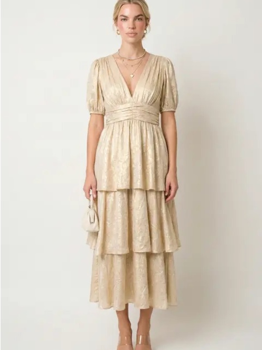 Hale Bob Cream Tiered V-Neck Midi Dress